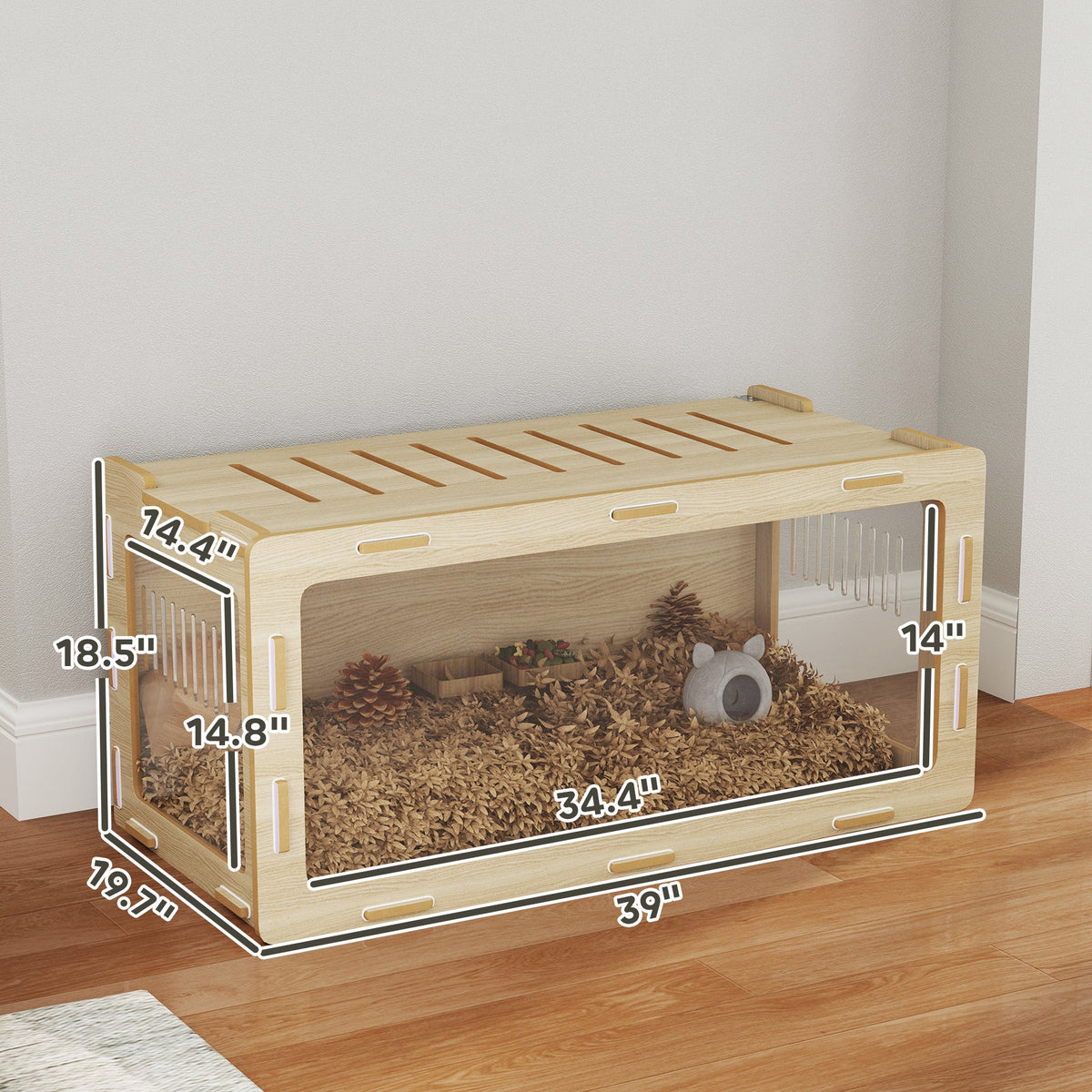Hamster Cage with Easy View Acrylic Panels, Air Vents & Openable Roof, for Gerbil, Guinea Pig, 39" x 20" x 18.5", Oak