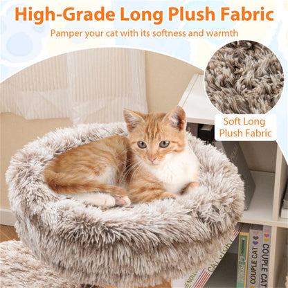 Multi-level Natural Pear Wood Cat Tree, Sisal Scratching Posts, Plush Balls, Long Plush Fabric