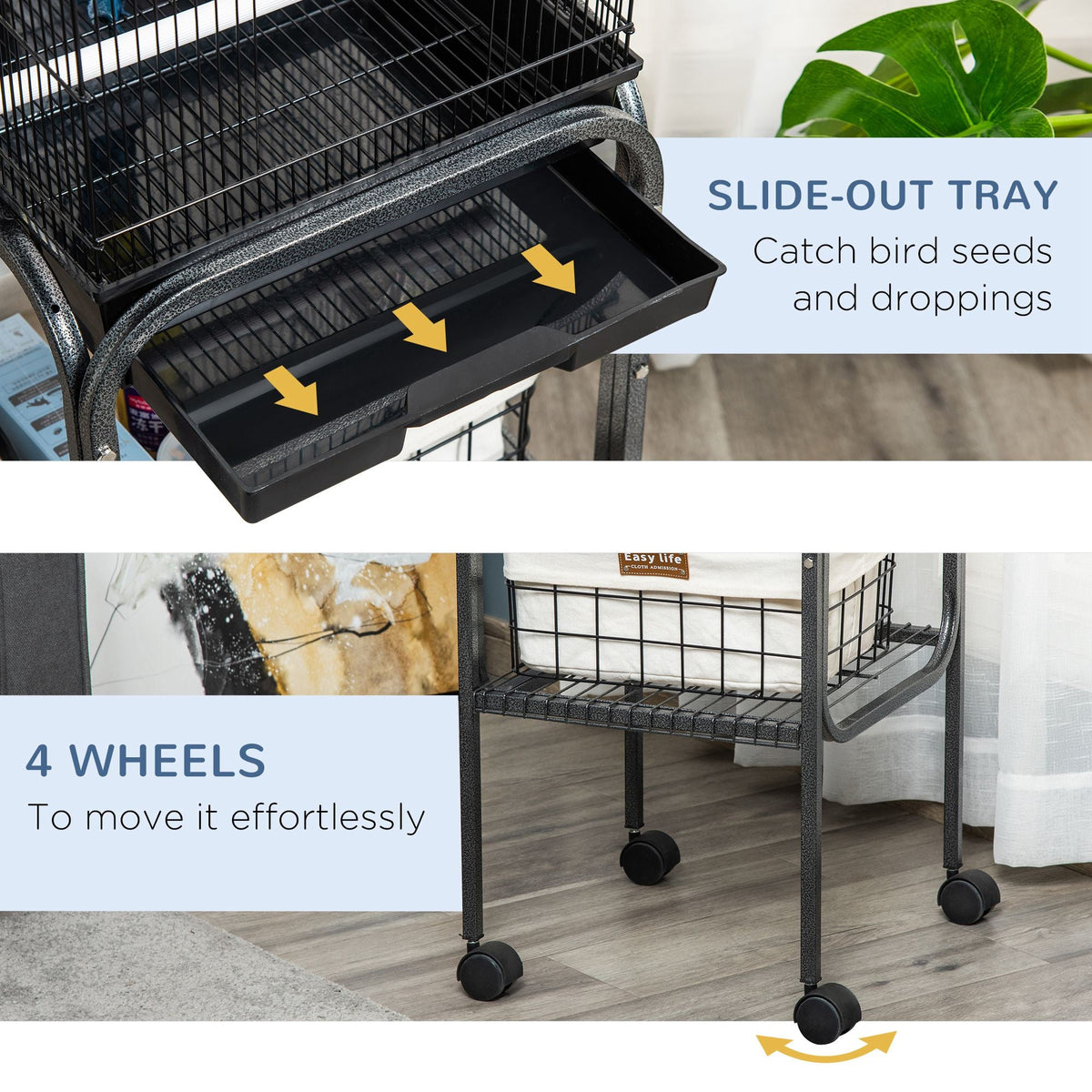 45-inch Metal Indoor Bird Cage, Parrot Cage, Bird Aviary with Detachable Rolling Stand, Storage Basket, and Accessories - Black