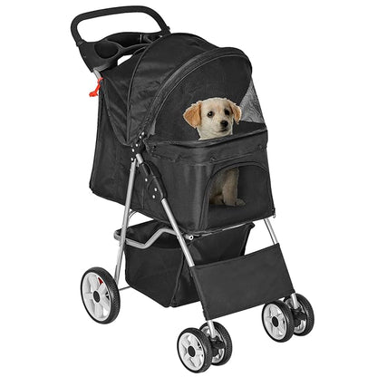 Pet Stroller for Dogs, Black 4 Wheels Cat Strolling Cart Foldable Travel Carrier, Waterproof Puppy Jogger Stroller with Storage Basket & Cup Holder