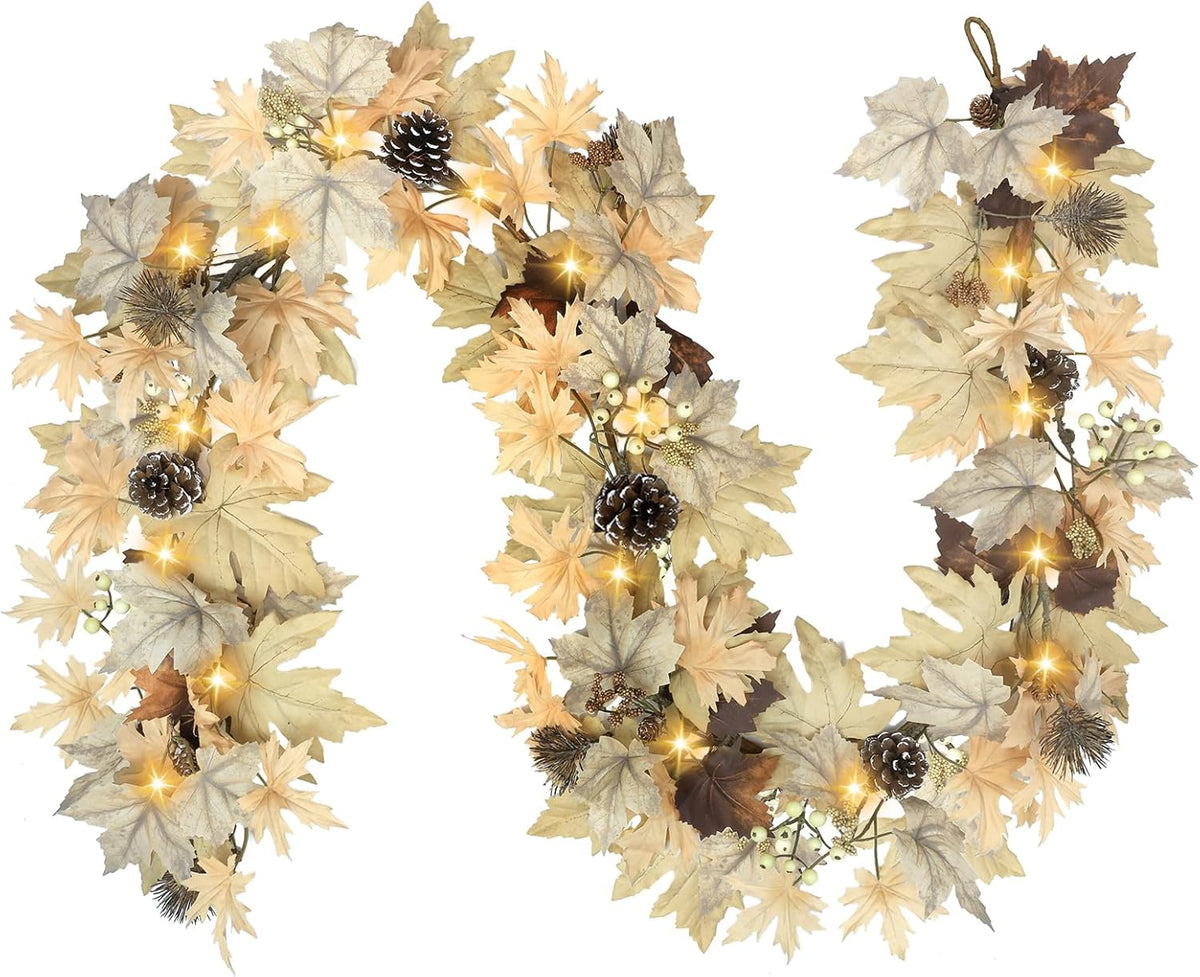 Realistic Fall Garland with Lights, 6 FT Real Touch Feel Leaves Garland with Berries Pine Cones, Fall Decorations for Home Thanksgiving Halloween Decorations Indoor Farmhouse Porch Fireplace