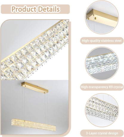 Rectangle Crystal Chandelier Modern Gold Crystal Chandelier Rectangular Pendant Lighting Fixture for Dining Room Kitchen Island Bedroom (L 40")