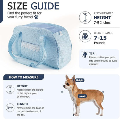 Dog Carrier Tote Bag, Foldable Soft Sided Breathable Mesh Lightweight Travel Handbag with Padded Handles, Lace Decor Portable Pet Purse for Small Puppy Kitten Cat Up to 15 Lbs (Blue)