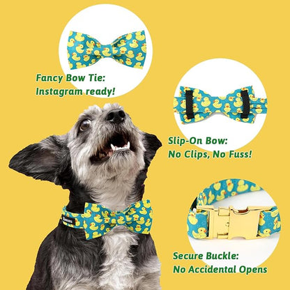 Maca Bates Summer Cute Duck Dog Collar with Bow Tie Funny Ducky Puppy Bowtie Collars Adjustable Durable Breakaway Green Fun Fancy Thick Collar for Boy Girl Male Female Dogs,Small