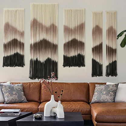 IOWER Large Macrame Wall Hanging Mountain Handmade Brown Dip-Dyed Boho Wall Decor 5Pcs Art Wall Decor for Bedroom Living Room Fiber Art Tapestry