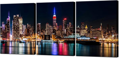 Biuteawal New York City Canvas Wall Art Manhattan Skyline Night View Picture Painting Modern Giclee Canvas Prints Home Office Living Room Wall Decoration