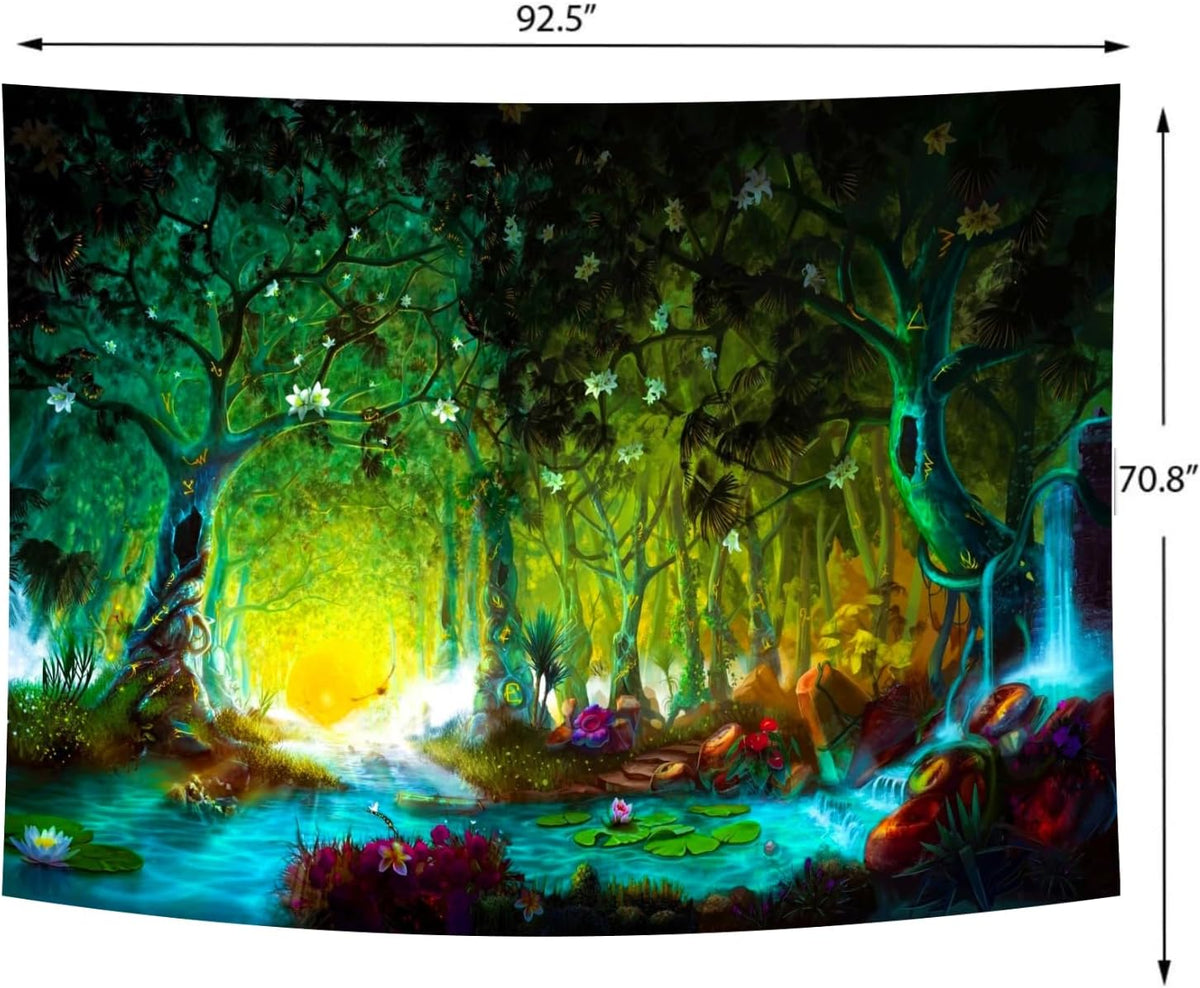 Delur Fantasy Forest Tapestry Mystical River Enchanted Magical Fairy Tale Tree Tapestry Sunrise Landscape Sunset Nature Psychedelic Wall Hanging Headboard for Bedroom Living Room Home Decor (70.8" x 92.5")
