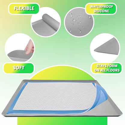 Dog Pee Pad Holder - Fits Up to 30” x 36” Pee Pad - 1 Pack - Light Grey | Stable Grip, Soft Edges, Quick Wipe Silicone Surface, Dog Pad Holder for Indoor Flooring Protection