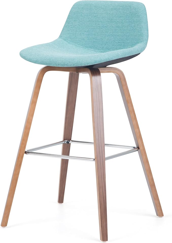 SIMPLIHOME Randolph Counter Stools (Set of 2) - 28 Inch Seat Height Upholstered Bentwood Kitchen Seats in Aqua Blue Linen Look Fabric, Mid Century Modern Seating with Curved Backrest and Footrest