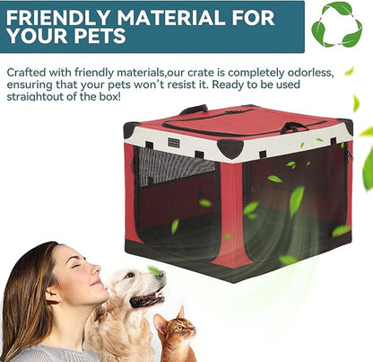 PETSFIT 26" Soft Portable Dog Crate – Patented Spiral Sturdy Frame, Collapsible Travel Kennel for Small Dogs, 3 Mesh Door, Lockable Zippers, Indoor & Car Use Red