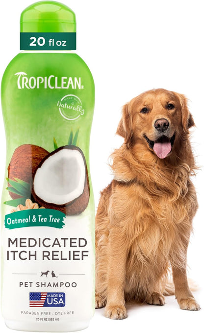 TropiClean Oatmeal Dog Shampoo for Itchy Skin Relief, Soothing Medicated Itch Relief, with Vitamin E, Puppy Safe, Made in USA, Cat Friendly, 20 oz.