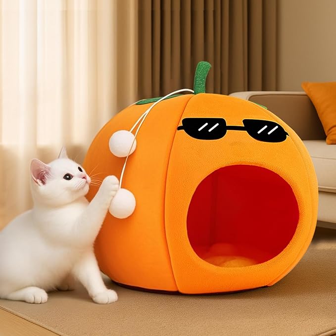 Cute Cat Beds for Indoor Cats, Small Dog Beds, Soft Washable Pet Beds for Kitten and Puppy, Funny Orange Cat Cave, 19 Inches