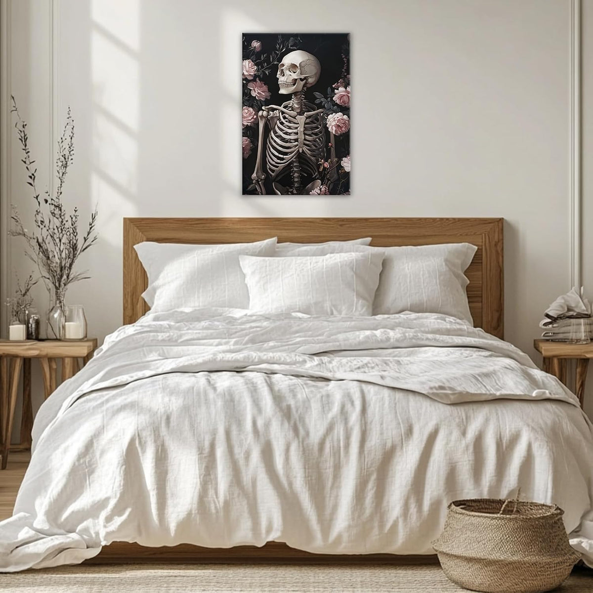 OAAPITI Skull Floral Wall Art Vintage Skeleton Portrait Canvas Print Dark Gothic Skull Art for Living Room Bedroom Home Wall Decor Ready to Hang(Artwork-10,24"x36")