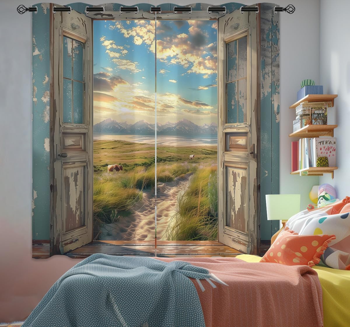 Landscape Blackout Curtains for Girls Boys Home Decor, Cow Sunset Grassland Mountain Natural Scenery Grommet Thermal Insulated Drapes Darkening Window Curtain for Bedroom Living Room, 42 x 63 Inch