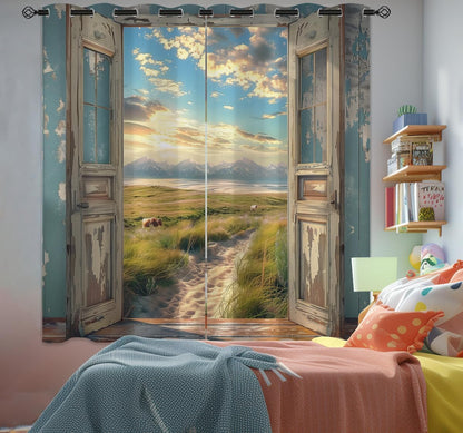 Landscape Blackout Curtains for Girls Boys Home Decor, Cow Sunset Grassland Mountain Natural Scenery Grommet Thermal Insulated Drapes Darkening Window Curtain for Bedroom Living Room, 55 x 63 Inch