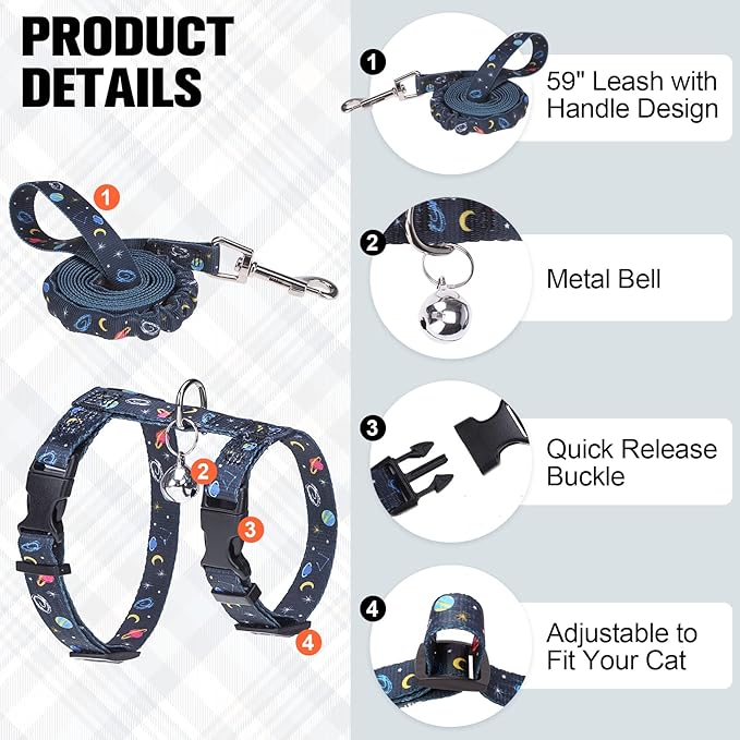BEAUTYZOO Cat Harness and Leash Set Escape Proof for Walking, Kitten Soft Adjustable Vest Harnesses for Small Medium Large Cats, Easy Control Breathable Plaid Ribbon Nylon for Outdoor Indoor Use