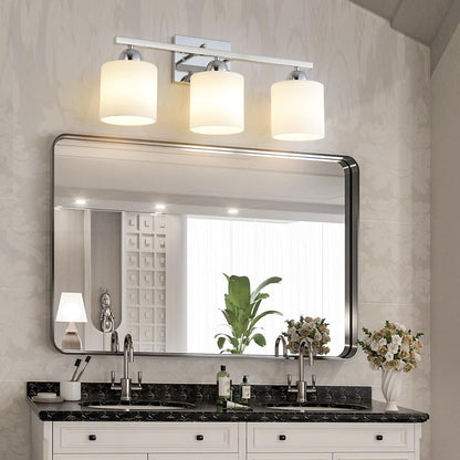 Stainless Steel Milk Glass Vanity Lights for Bathroom, 3 Light Chrome Bathroom Light Fixtures Over Mirror, Ceramic E26 Sockets Wall Mounted