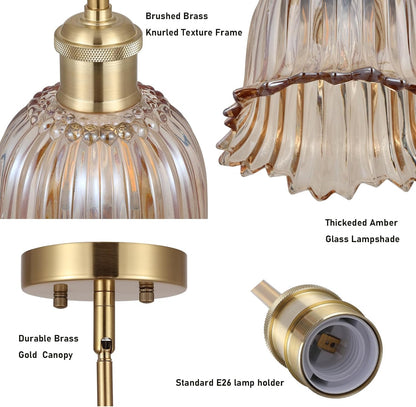 Modern Gold Pendant Light Brushed Brass Mid Century Chandelier Amber Glass Shades Adjustable Rods Farmhouse Ceiling Hanging Lighting Fixture Kitchen Island Dining Room Bedroom