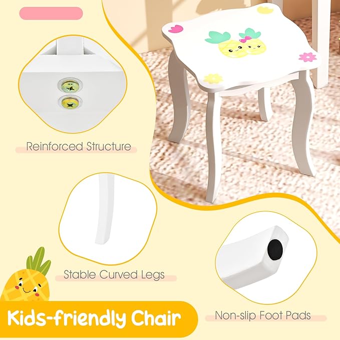 Costzon Kids Vanity, Girls Vanity Set with Tri-Folding Mirror, Stool, Storage Drawer, Princess Toddler Makeup Vanity Desk Dressing Table, Wooden Kids Vanity Table and Chair Set (Fruit Pattern)