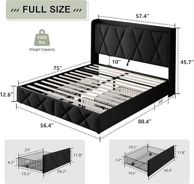 Feonase Full Size Bed Frame with 4 Storage Drawers, Upholstered Platform Bed with Charging Station, Wingback Storage Headboard, Wooden Slats Support, No Box Spring Needed, Easy-Assembly, Black