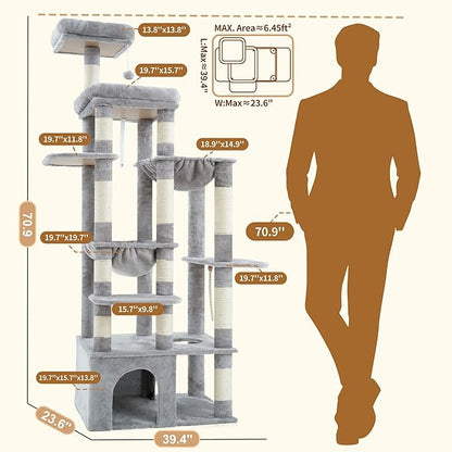 Heybly Cat Tree, 71-Inch Tall Cat Tower for Large Maine Coon Cats with Extra-Large Baseboard, Cat Condo Furniture with Multi-Level Platforms, 2 Hammocks and 12 Scratching Posts, Light Gray HCT037W