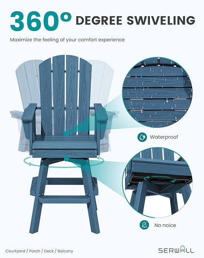 SERWALL Swivel Adirondack Bar Chairs Set of 4, HDPE Outdoor Swivel Barstools Chairs Set of 4 for Bistro, Poolside, Garden, Blue
