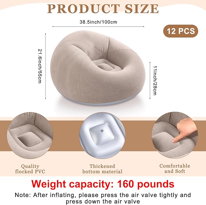 Realspring 12 Pcs Bean Bag Chairs for Adults Inflatable Chairs with Electric Air Pump,Blow up Couch Folding Portable Inflatable Couch Lazy Sofa for Reading Living Room Camping (Coffee)