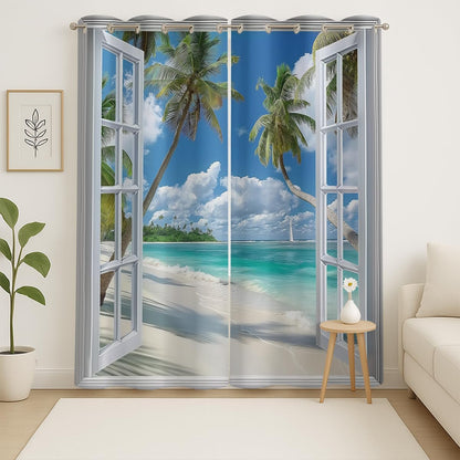 Beach Blackout Curtains for Girls Boys Teens Home Decor, Tropical Summer Scene Ocean Island Palm Tree Grommet Thermal Insulated Drapes Darkening Window Curtain for Bedroom Living Room, 84 x 84 Inch