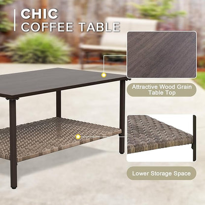 COOS BAY Aurora Terrace Half-Moon Outdoor Furniture Set, Rattan Conversation Set with Patio Chairs, Curved 5-Seat Sofa, Coffee Table & Side Table, Seats 7, Beige/Beige