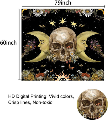 Atrippy Halloween Vintage Gothic Tapestry for Bedroom, Goth Skull Floral Wall Decor Tapestry, Sun and Moon Skeleton Flower Tapestries Aesthetic, Dark Room Decor Wall Hanging for Living Room Dorm 60x79 Inches