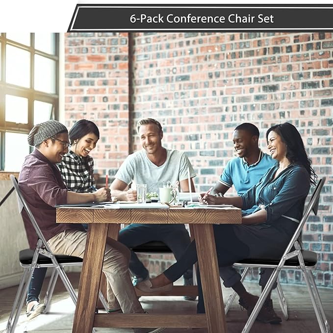 S AFSTAR Folding Chairs Set of 6, 6 Pack Metal Folding Chairs with Padded Seat, 6-Piece Black Foldable Chairs for Reception Waiting Meeting Room Office Lobby Church, Free Assembly, 254 LBS Capacity