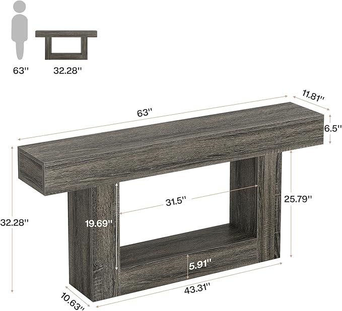 Tribesigns 63" Console Table, Farmhouse 2-Tier Entryway Table with U-Shaped Base, Narrow Long Wood Sofa Table Behind Couch Table for Living Room, Hallway, Foyer, Dark Gray