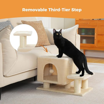 3-in-1 Dog Stairs & Cat Scratching Post with Condo, Pet Steps for High Beds, Sofa, Couch, Tall Cat Tower, High-Strength Boards for Indoor Small Cats Kittens Dogs Climbing Playing, 3 Steps-Beige
