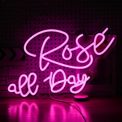 Rose All Day Neon Sign LED Pink Rose Neon Light For Wall Decor Dimmable USB Words Light Up Sign for Bedroom Wedding Party Atmosphere Decor Lovers Gift(12.2 * 16.1 In)