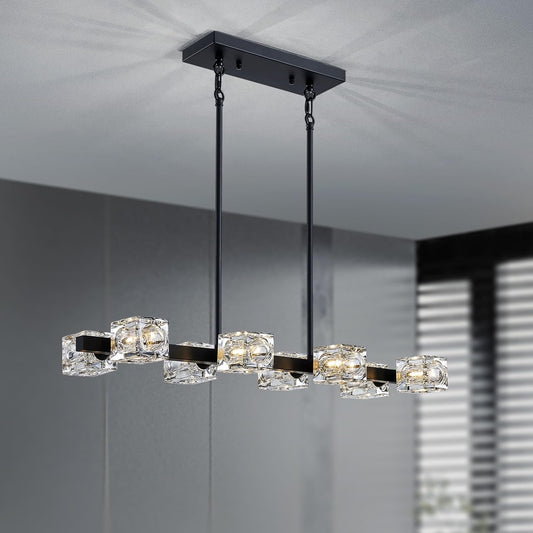 XINGQI Modern Chandeliers for Dining Room Over Table, 8-Light Rectangular Kitchen Island Light Fixture, Linear Farmhouse Metal Glass Black Vintage Hanging Lamp for Living Room Bar