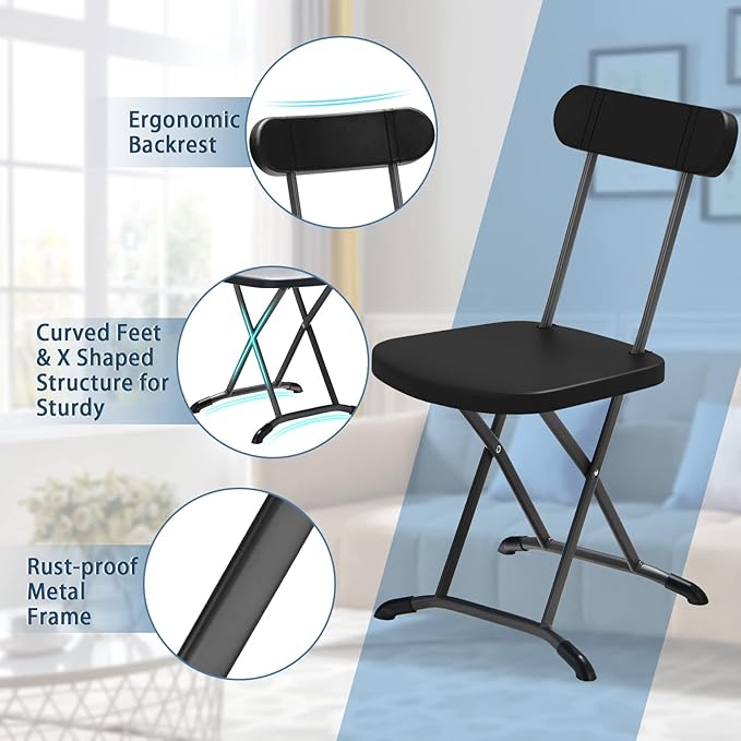 GYMAX Folding Chair, 400lbs Plastic Chairs Set with Steel Frame & Ergonomic Curved Back, Indoor & Outdoor Commercial Event Seat for Meeting, Wedding, Stackable Lightweight Folding Chairs (4, Black)