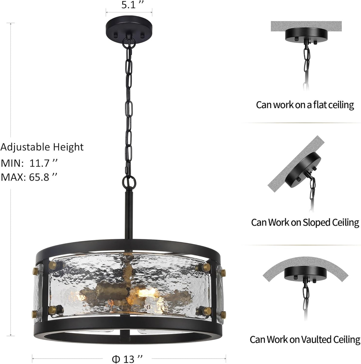 13" Industrial Drum Glass Chandelier, 3-Light Rustic Hanging Pendant Lights, Metal Round Lighting Fixture for Dining Room Foyer Entryway Hallway Bedroom, Clear Waterglass Drum Shade