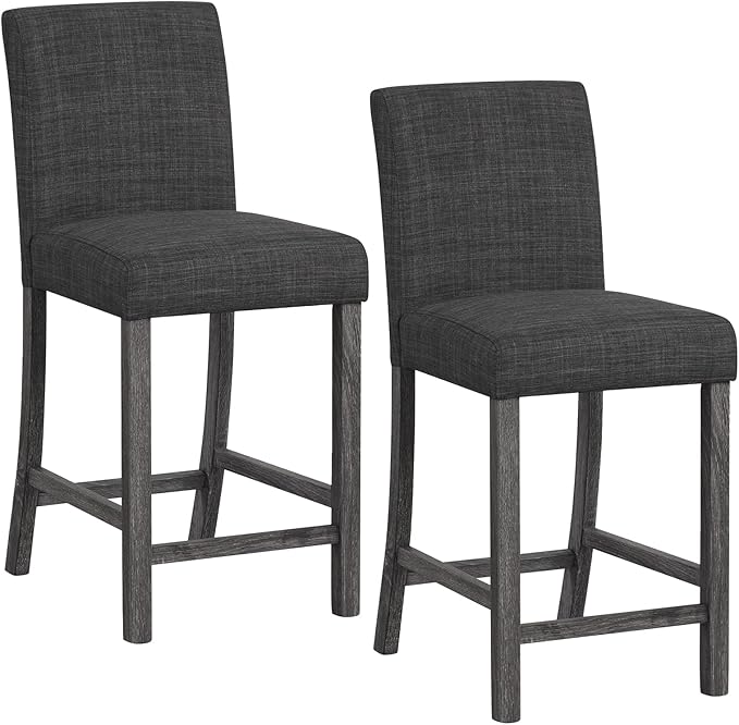 COSTWAY Upholstered Counter Height Stools Set of 2, Bar Stools w/Ergonomic Backrest, Solid Wood Frame, 24.5” Fabric Counter Height Chairs for Kitchen Island, Dining Room, Pub (Grey)