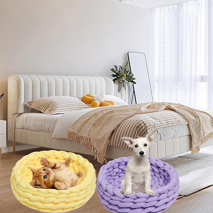 Woven Dog Bed Basket, Knitted Cotton Cat Bed Round Washable Woven Cat Pet Bed Chunky Dog Basket, Orthopedic, Chunky Knit Dog Nest,Dog Bed,Dog Cave,Dog Bedding(Blue,19")