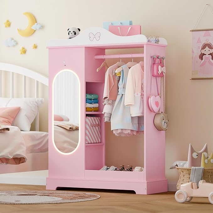 Xilingol Kids Armoire with a Jewelry Cabinet, Princess Dress Up Closet with Mirror, Kids Wardrobe Closet with Storage Shelves, Armoire Costume Organizer for Bedroom, Kids Room, Girl (Pink)