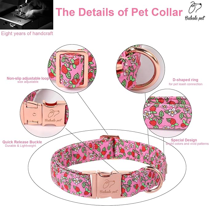 Sweet Strawberry Dog Collar, Cute Pink Summer Pet Collar with Metal Buckel, Durable Adjustable Designer Dog Collars for Small Medium Large Dogs M