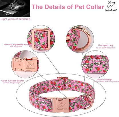 Sweet Strawberry Dog Collar, Cute Pink Summer Pet Collar with Metal Buckel, Durable Adjustable Designer Dog Collars for Small Medium Large Dogs M