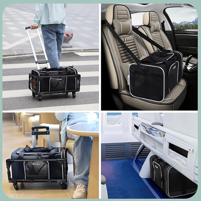 Small Pet Carrier 17"x12"x8.5" with Wheels Airline Approved, Black | for JetBlue/Frontier/Spirit Airlines, Lockable Safety Zippers and Anti-Scratch Mesh, Pets Under 8 lbs