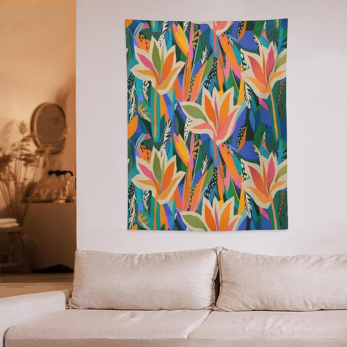 ICMOLYYENLO Boho Green Leaves Tapestry, Mid Century Abstract Tropical Palm Leaves Modern Minimalist Geometric Wall Hanging, Neutral Home Decor Art for Living Room Bedroom Dorm 50x60 Inch