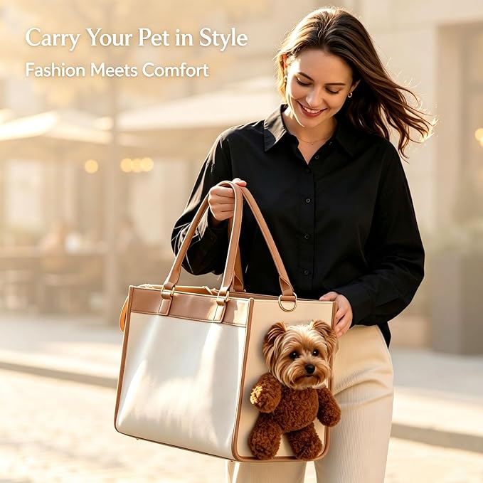 Teddy Bear Dog Carrier Bag, Teddy Carrier Bag for Dogs and Cats, Portable PU Leather Shoulder Tote with Plush Ears, Portable Convenient，White Brown Color Scheme L