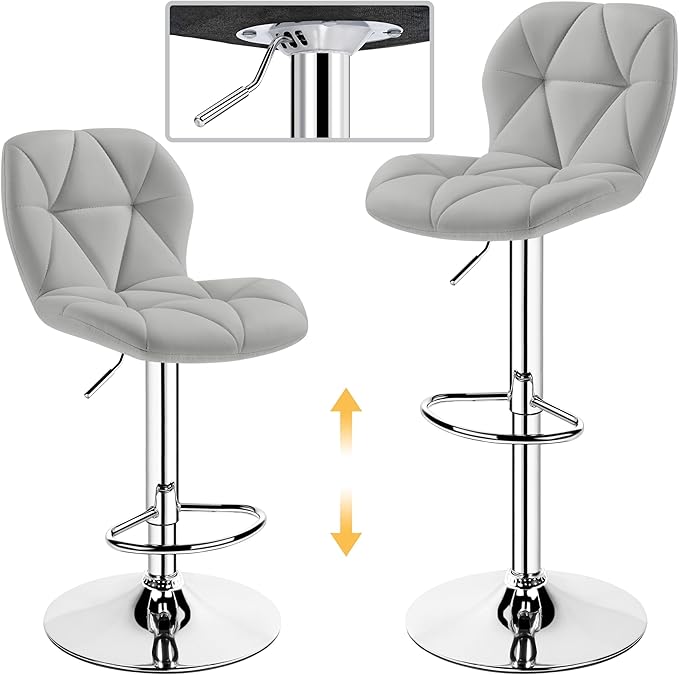 Yaheetech Bar Stools Set of 4, PU Leather Swivel Barstools, Height Adjustable Counter Stools with Backrest fot Kitchen Home Bar, Light Grey