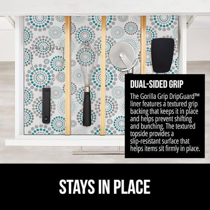 GORILLA GRIP DripGuard Shelf Liner, Non Adhesive Drawer and Kitchen Cabinet Protector, Slip Resistant BPA Free Smooth Surface Plastic Liners for Cabinets, Bathrooms, Closets, 17.5x240 Inch, Spiral