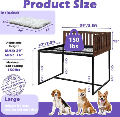 Beside Dog Bed,2 Wood Side Panel Adjustable Height Dog Bunk Beds,39''x27'' Metal Dogs Bed Frame with Cushion,Large