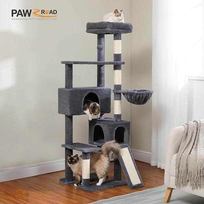 PAWZ Road Cat Tree, 60 Inches Cat Tower with Dual Condos, Spacious Perch, Cozy Basket and Sisal-Covered Scratching Posts for Indoor Cats- Dark Gray