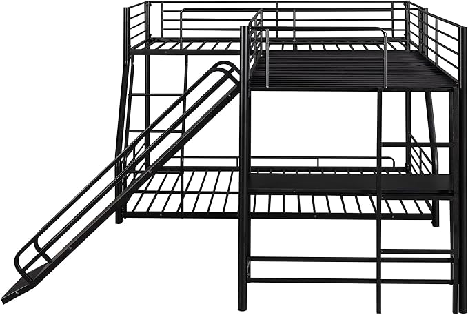 L-Shaped Twin Over Full Bunk Bed with Twin Size Loft Bed Frame Have Desk/Slide/Integrated Ladder/Full-Length Guardrails/Metal Slats Support/Easy to Assemble,for Adult Boy Girl,Black